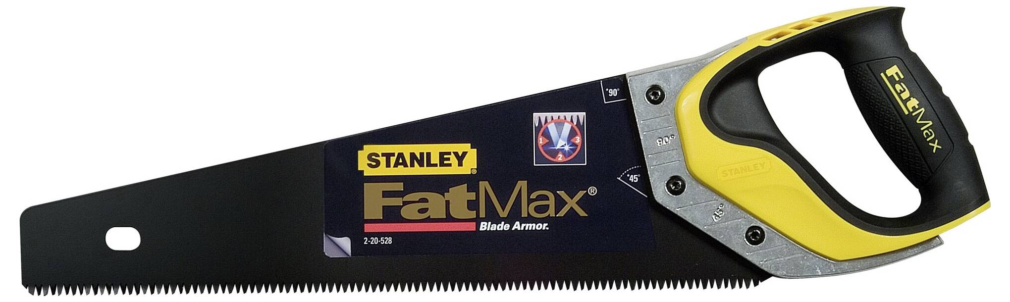 Handsäge mit ergonomischem Griff und markantem schwarzen und gelben Design. Markiert mit 'Stanley FatMax Blade Armor'.