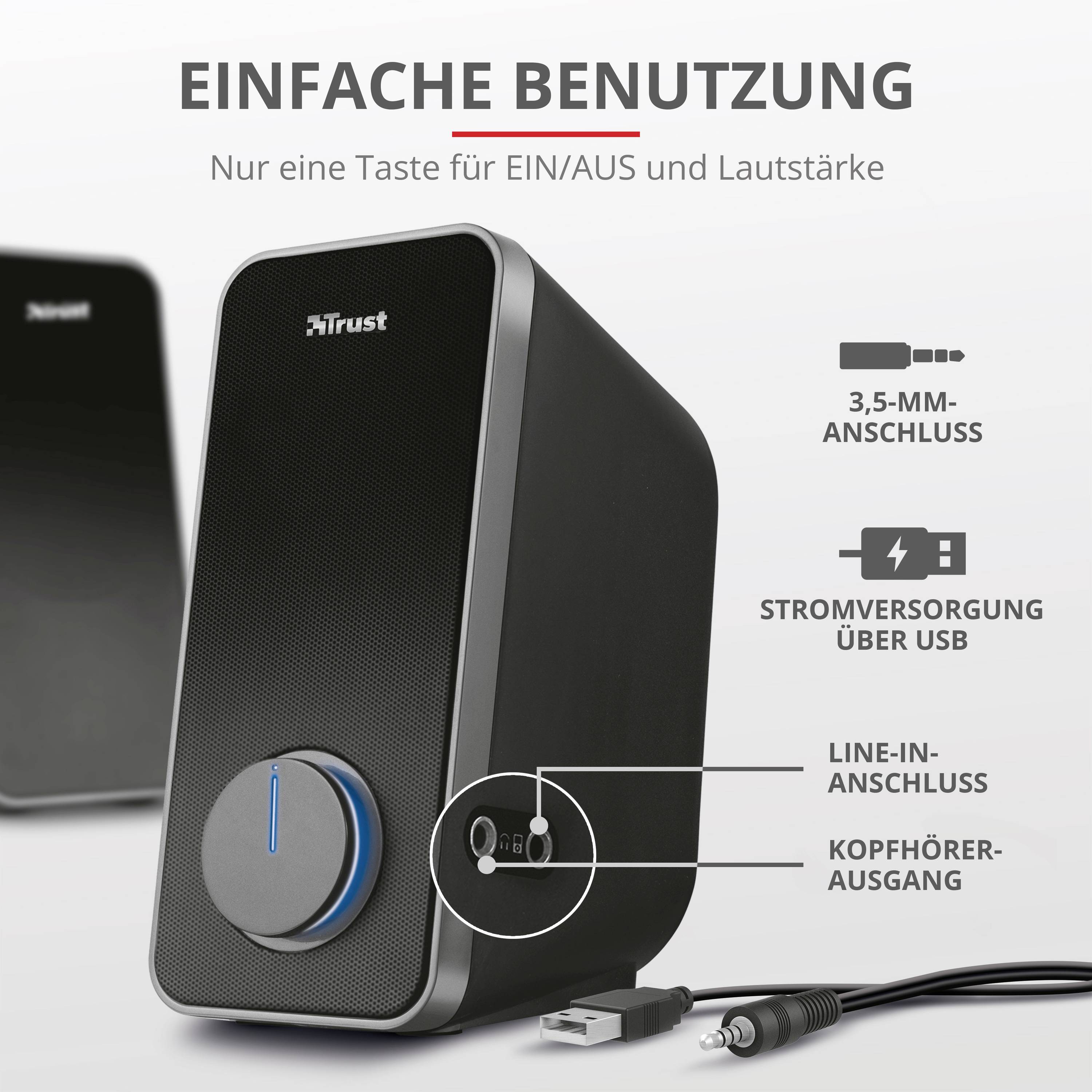 'Einfacher Lautsprecher mit USB-Anschluss, Lautstärke- und Ein/Aus-Taste, sowie 3,5 mm, Line-In und Kopfhörer-Anschluss.'