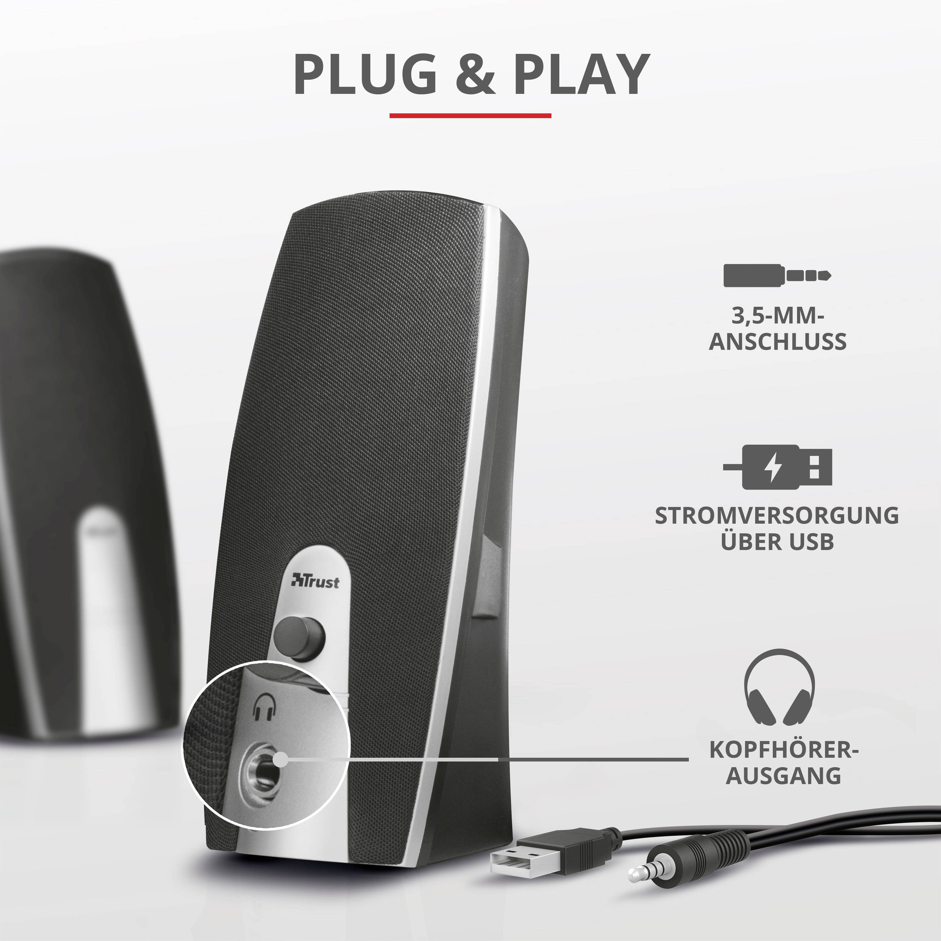 Lautsprecher mit USB-Stromversorgung und 3,5-mm-Anschluss. Text: 'Plug & Play'. Bild zeigt Lautsprecher, Anschluss und Kopfhörer-Symbol.