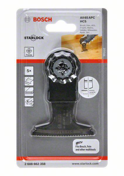 'Bosch Starlock Sägeblatt für verschiedene Materialien. Verpackung zeigt das Produkt und seine Kompatibilität mit Multitools.'