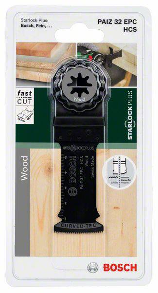'Sägeblatt Bosch PAIZ 32 EPC, geeignet für Holz, Schwarze Farbe, zackige Schneide. Verpackt in durchsichtiger Plastikverpackung.'