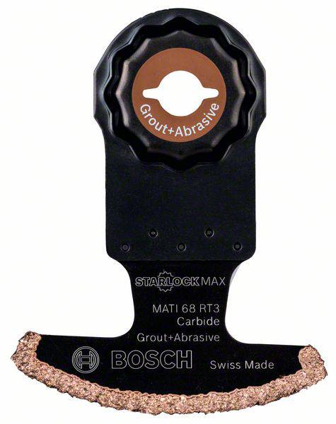 Multifunktionswerkzeug-Aufsatz mit Bosch-Logo. Halbkreisförmige Klinge mit spezieller Beschichtung für Fugen und abrasive Materialien.