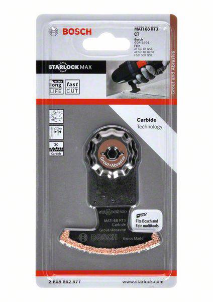 Verpackung eines Bosch Starlock Max Segmentsägeblatts, Modell MATI 68 RT3. Betonung auf Langlebigkeit und schneller Schnitt.
