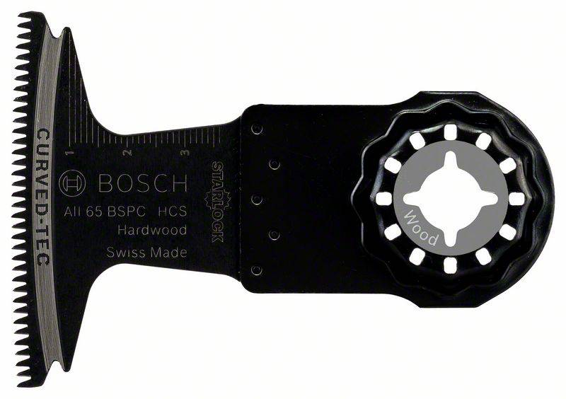 Sägeblatt für oszillierendes Werkzeug, Marke Bosch, geeignet für Hartholz. Swiss Made. Schwarzes Blatt mit Zahnform und Messskala.