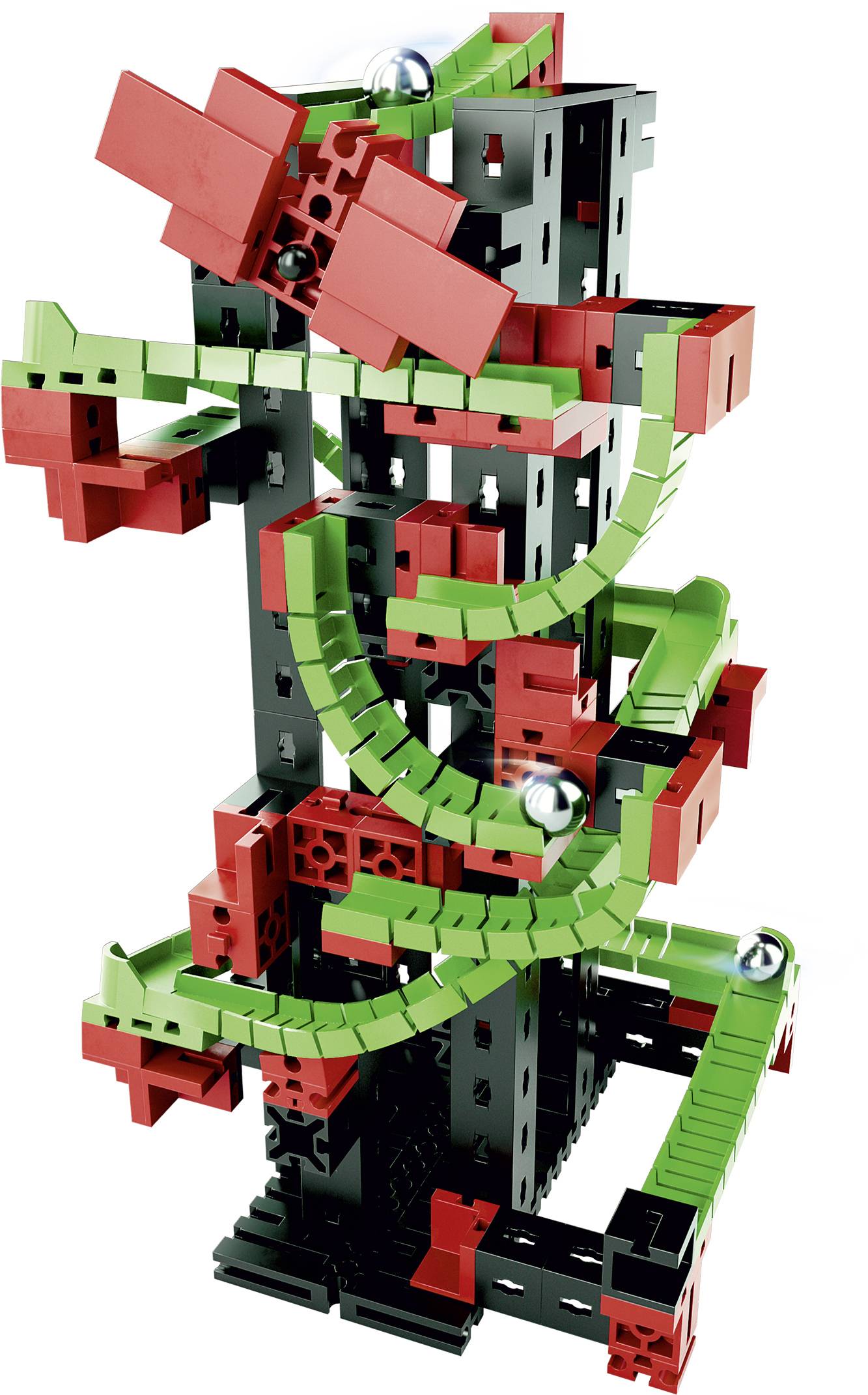 Ein komplexes Murmelbahn-Bauset aus roten, grünen und schwarzen Teilen. Die Murmeln rollen durch verschiedene Bahnen und Kurven.