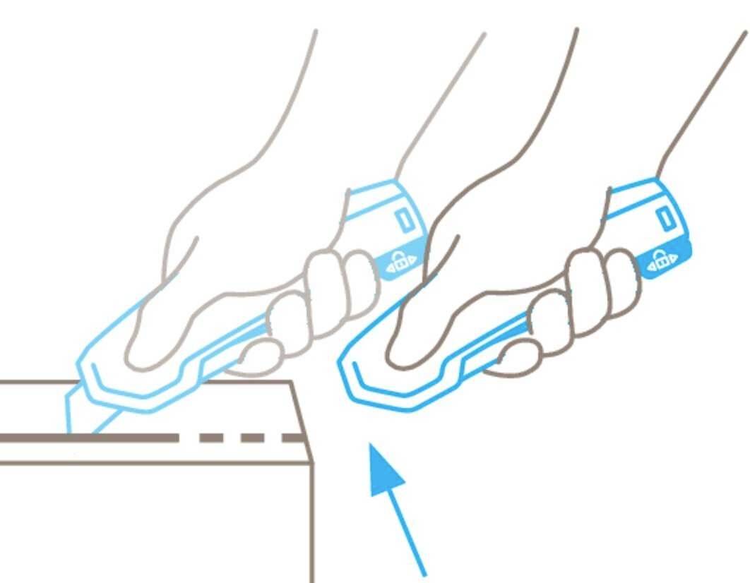 Eine Illustration zeigt zwei Hände, die einen Cutter-Messer halten, um an der Kante eines Kartons zu schneiden.