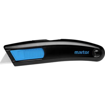 Ein schwarzer Sicherheitsmesser mit blauer Daumenauflage und integrierter Klinge der Marke 'Martor'.