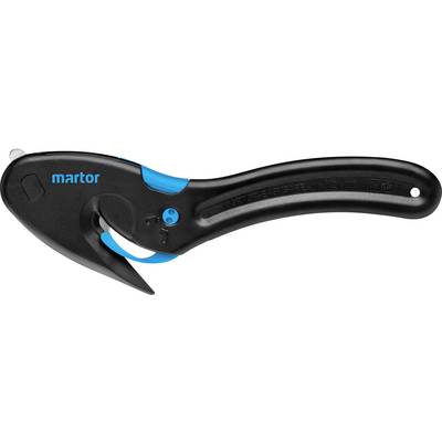 Ein schwarzes Sicherheitsmesser mit gebogenem Griff und blauer Klinge. Designed für präzises Schneiden und erhöhte Sicherheit.
