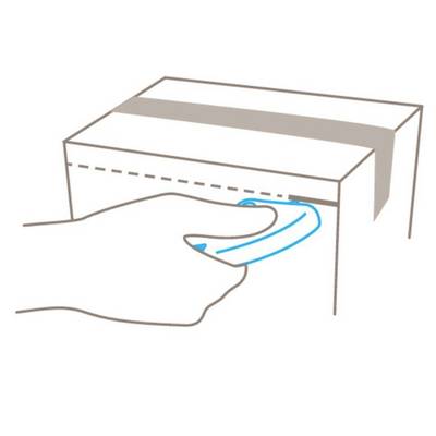 Illustration einer Hand, die einen Streifen entlang einer markierten Linie zieht, um einen Karton zu öffnen.