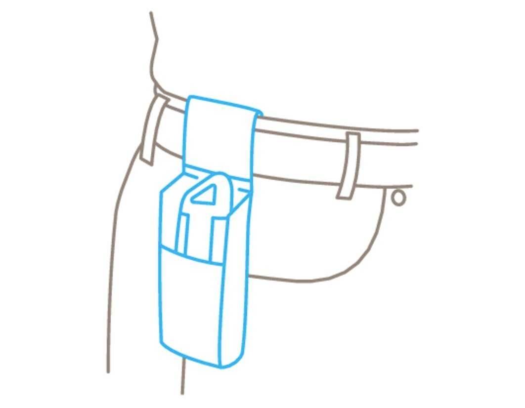 Schemazeichnung eines Werkzeuggürtels mit einer Tasche, die an einem Gürtel befestigt ist. Ein Werkzeug, möglicherweise ein Schraubenzieher, ist in der Tasche zu sehen.