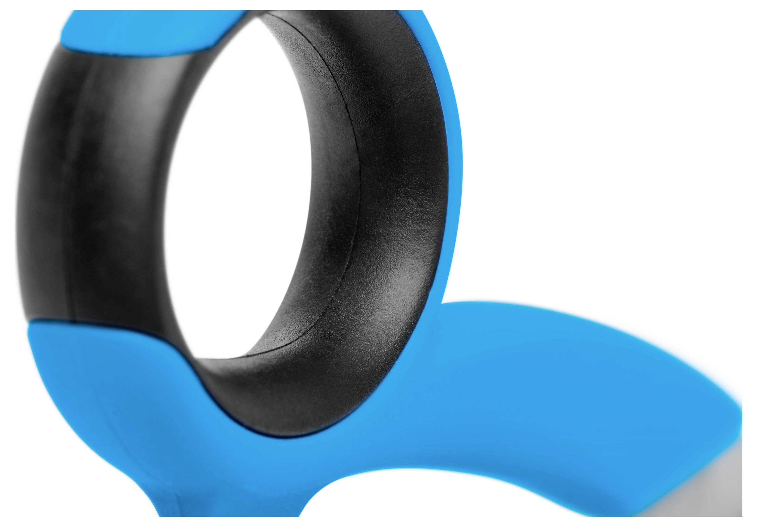 Ein ergonomischer Griff mit schwarzem Polster und leuchtend blauer Hülle, möglicherweise Teil eines Werkzeugs oder Geräts.