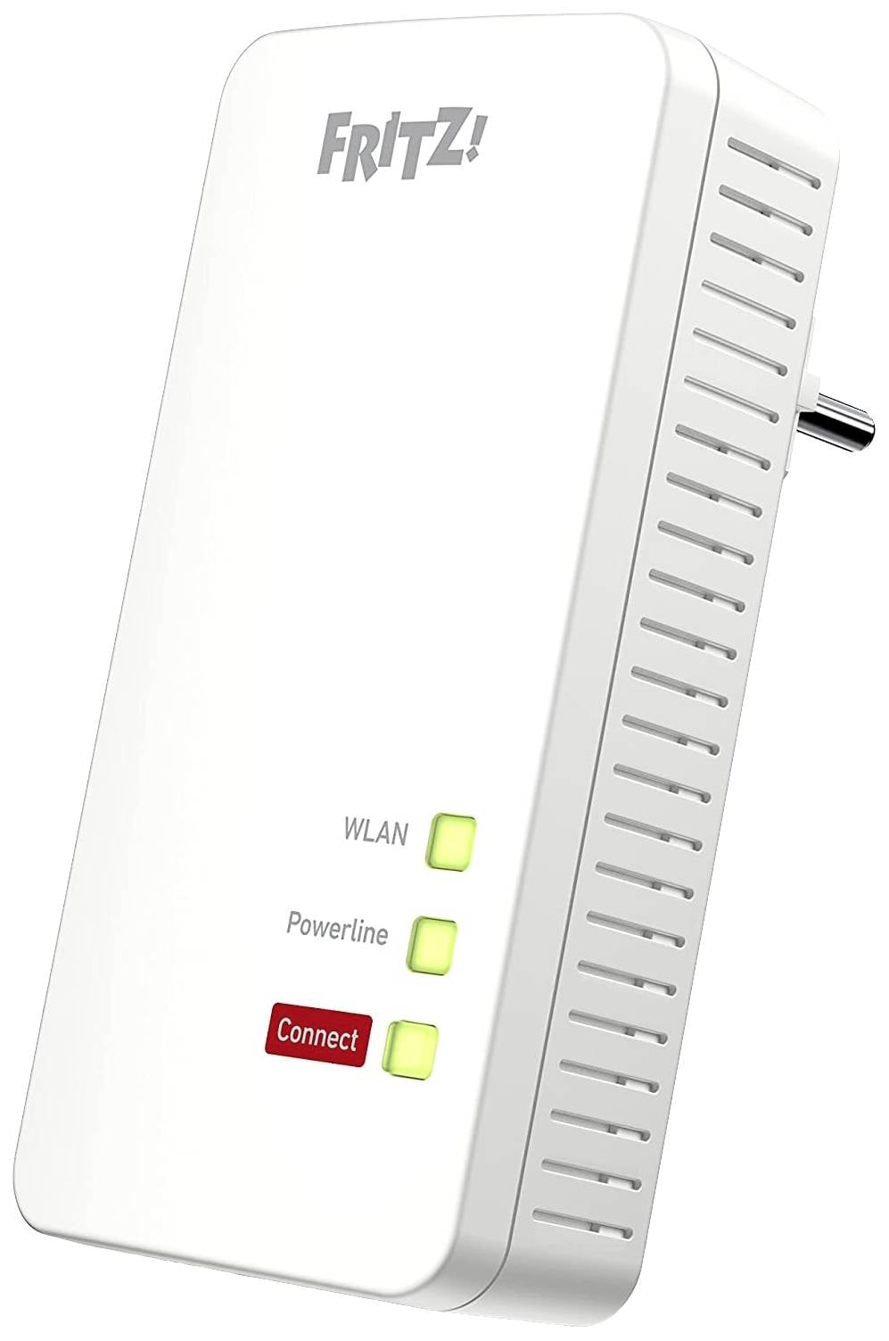 Ein weißer WLAN-Repeater mit der Aufschrift 'FRITZ!'. Es hat LED-Anzeigen für WLAN, Powerline und Connect an der Vorderseite.