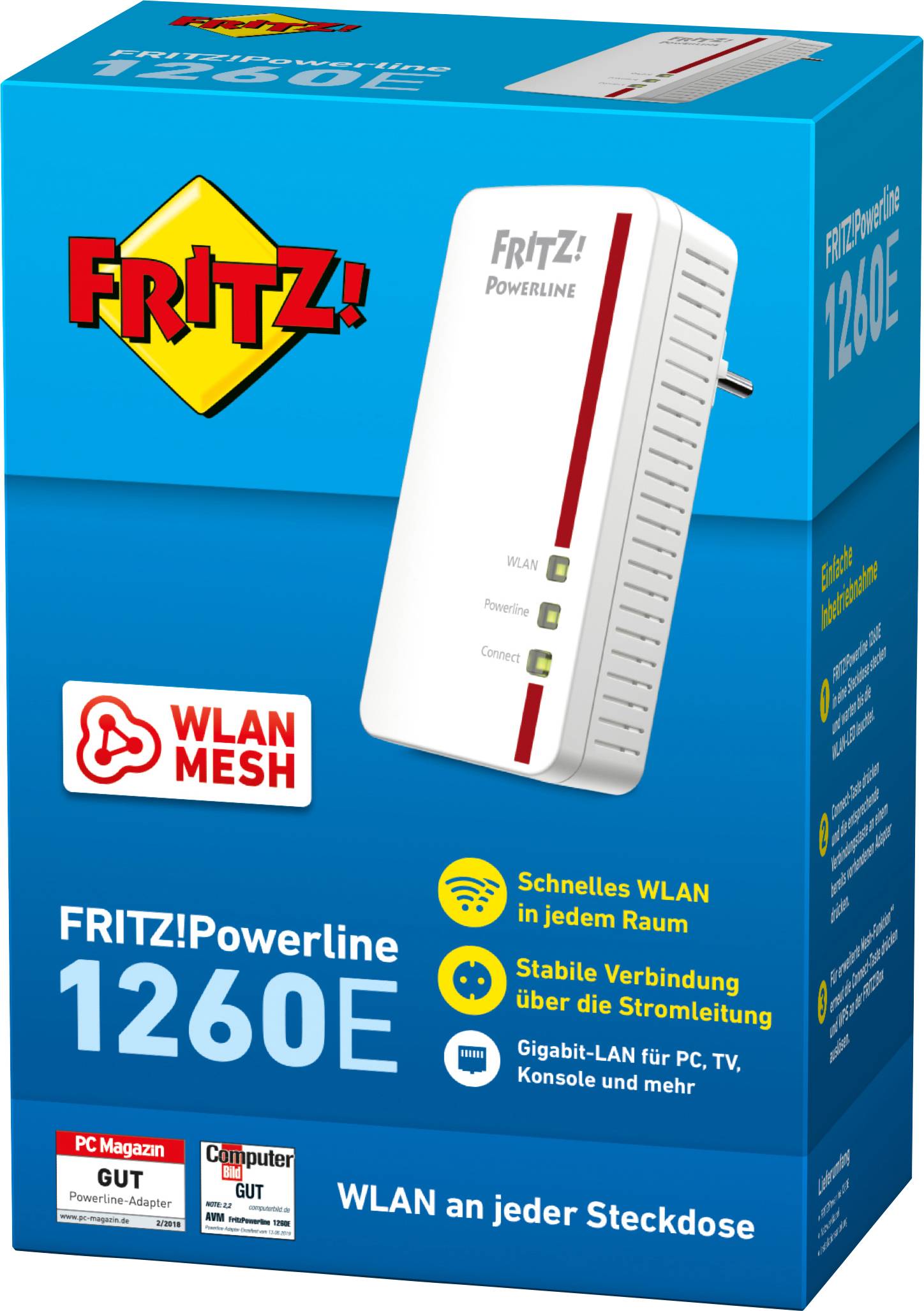 Die Verpackung eines FRITZ!Powerline 1260E zeigt das Gerät. Betont wird die schnelle WLAN-Verbindung über Stromleitungen und WLAN Mesh.