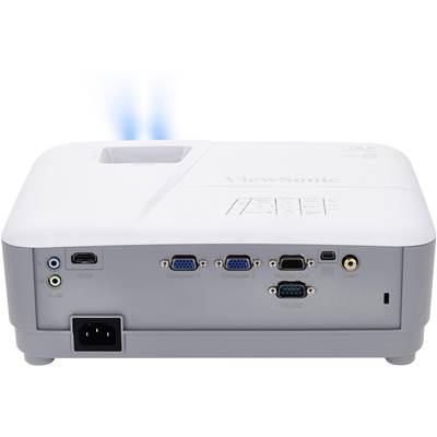 Ein weißer Projektor von hinten, zeigt verschiedene Anschlüsse: HDMI, VGA, Audio und USB. Oben sind Lüftungsschlitze sichtbar.