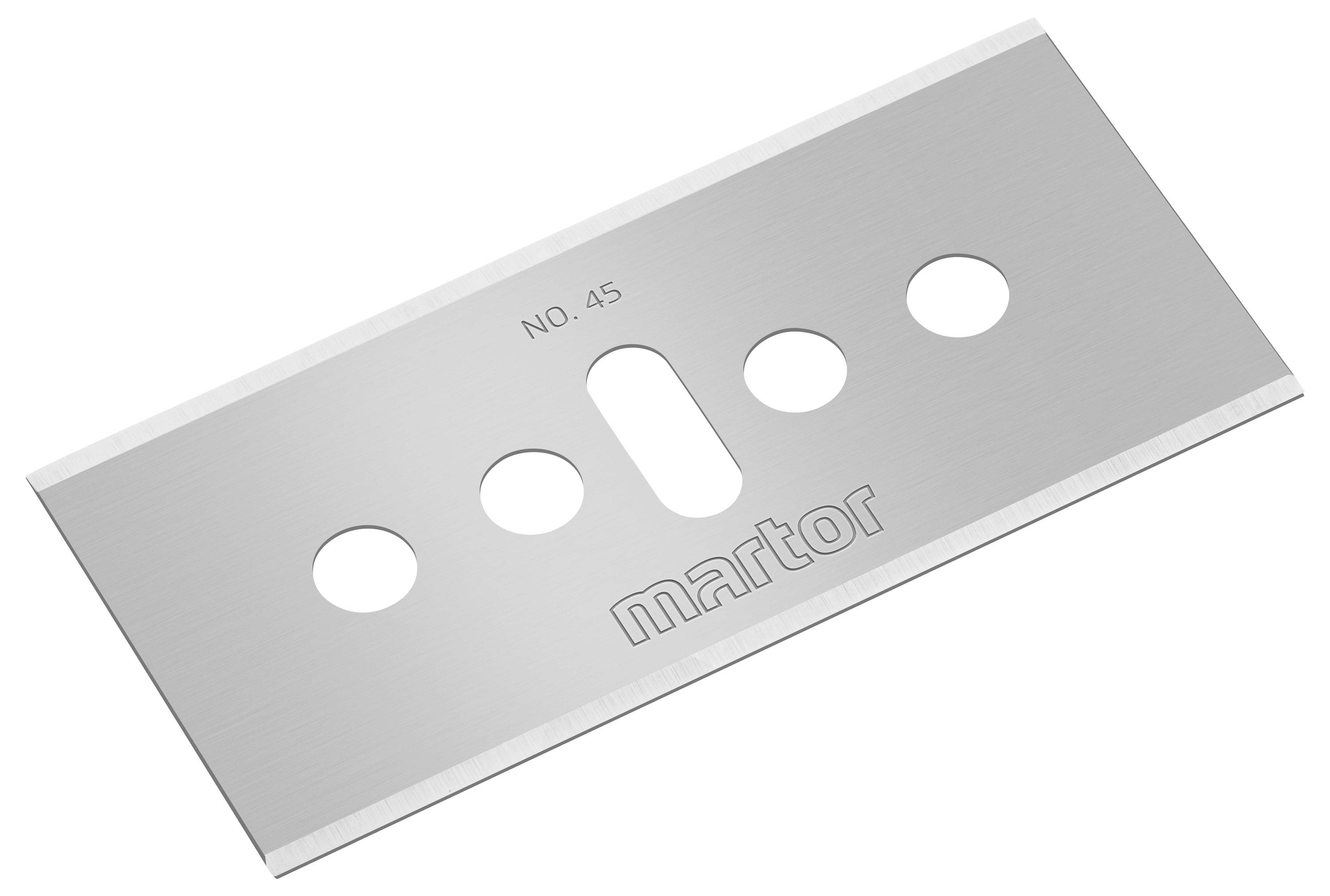 Ein rechteckiges Rasierklingen-Ersatzmesser mit vier runden Löchern und einem mittigen Schlitz. Aufschrift: 'NO. 45 martor'.