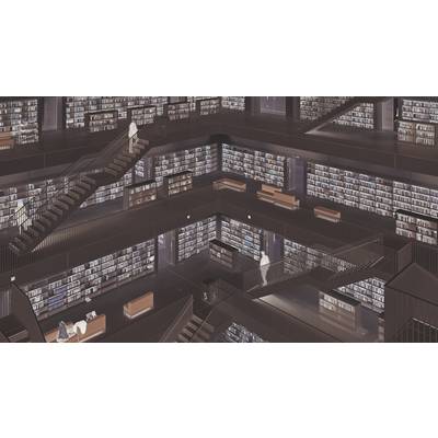 Eine moderne, mehrstöckige Bibliothek mit Regalen voller Bücher und mehreren Ebenen, verbunden durch Treppen. Einige Menschen sind zu sehen.