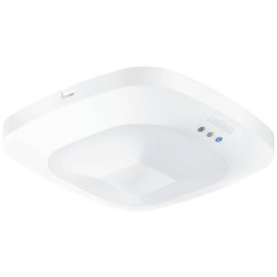 Ein weißer, quadratischer Rauchmelder mit abgerundeten Ecken, drei Knöpfen an der Seite, montiert für Deckeneinsatz.