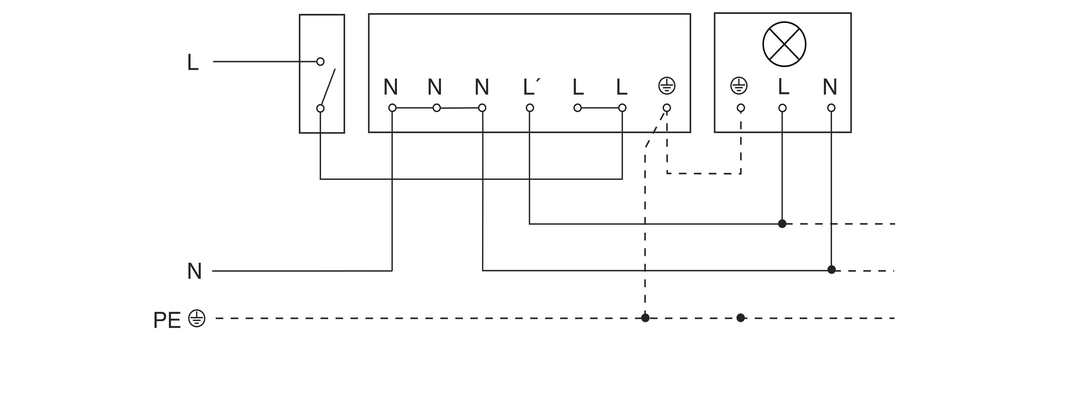 Schaltplan mit einem Schalter, der mit einer Leuchte verbunden ist, sowie mit L, N und PE gekennzeichneten Anschlüssen, wobei durchgezogene und gestrichelte Linien elektrische Verbindungen anzeigen.