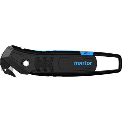 Schwarzes Sicherheitsmesser mit blauem Griff, abgerundeter Spitze und 'martor'-Logo. Geeignet zum sicheren Schneiden von Materialien.