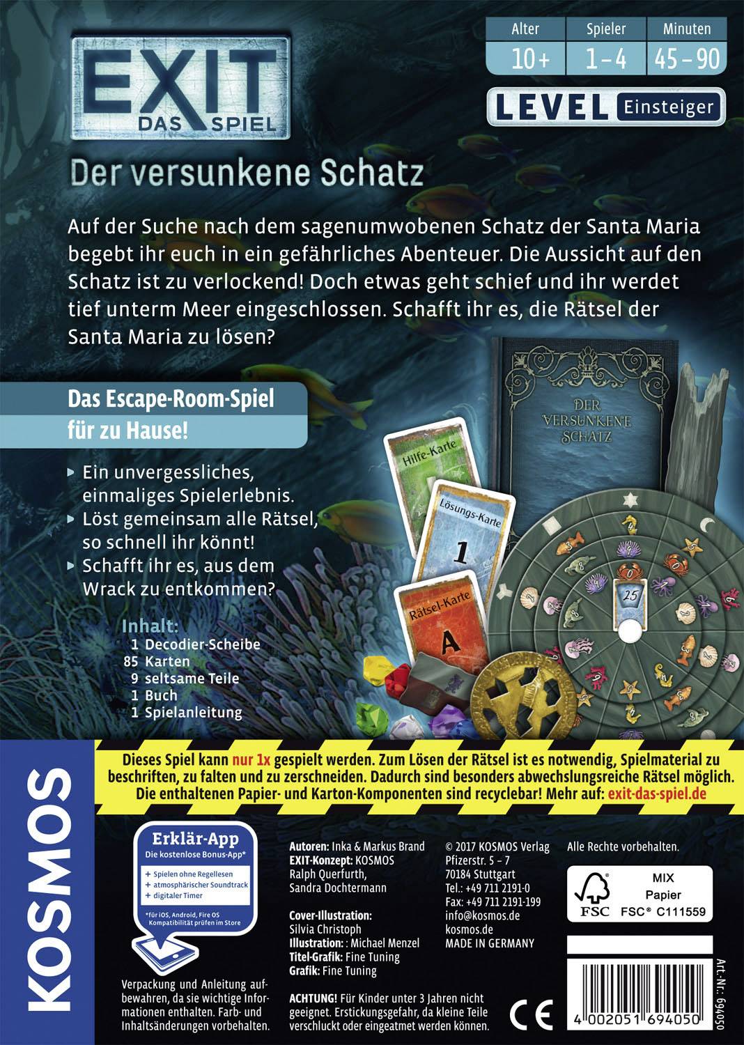 Escape-Room-Spiel 'Der versunkene Schatz'. Rätsel lösen, um Schätze zu finden. Für 1-4 Spieler, ab 10 Jahren, Spielzeit 45-90 Min.