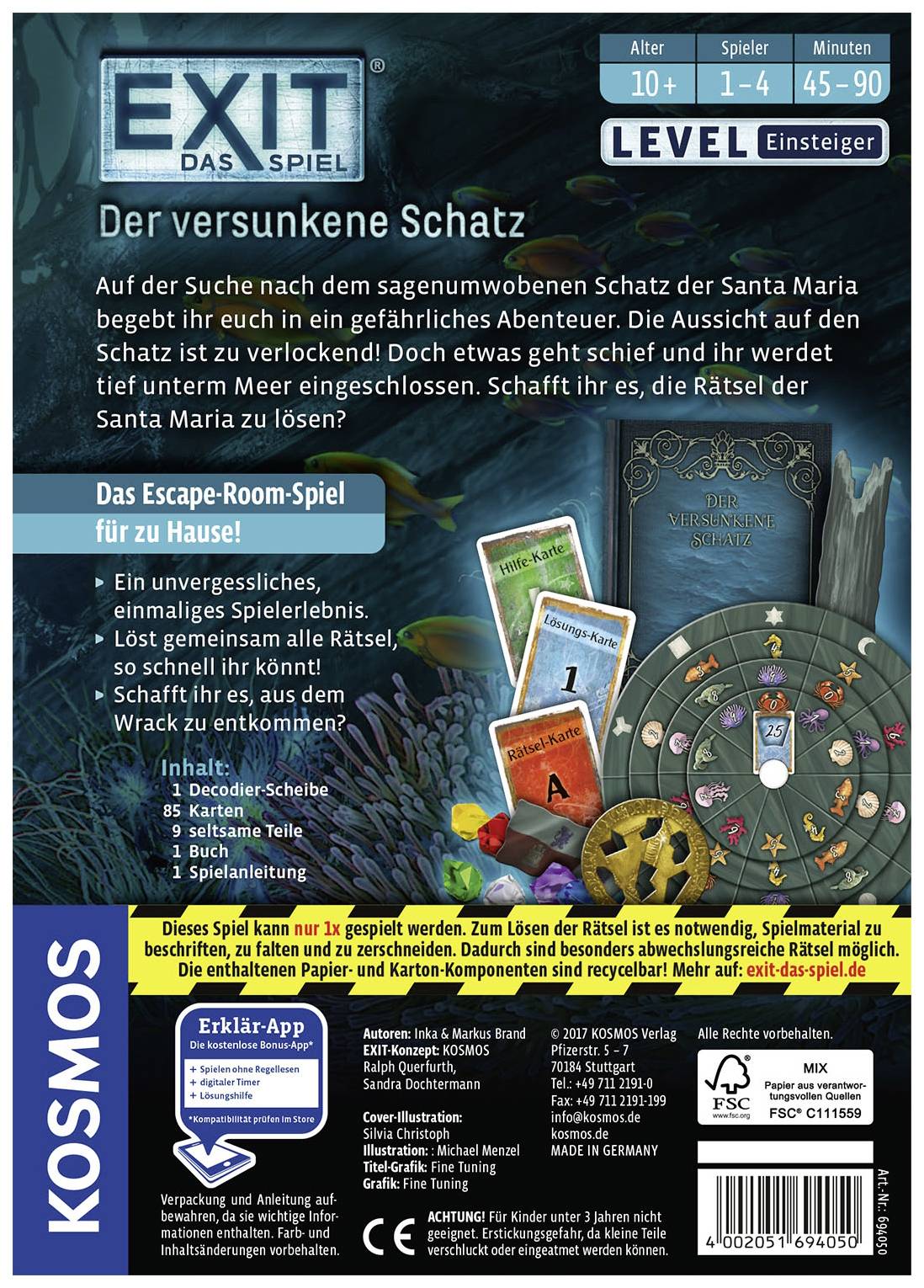 'EXIT Das Spiel: Der versunkene Schatz' ist ein Escape-Game für 1-4 Spieler ab 10 Jahren. Ziel ist es, Rätsel zu lösen, um einen Schatz zu finden. Enthält Anleitung und Karten.
