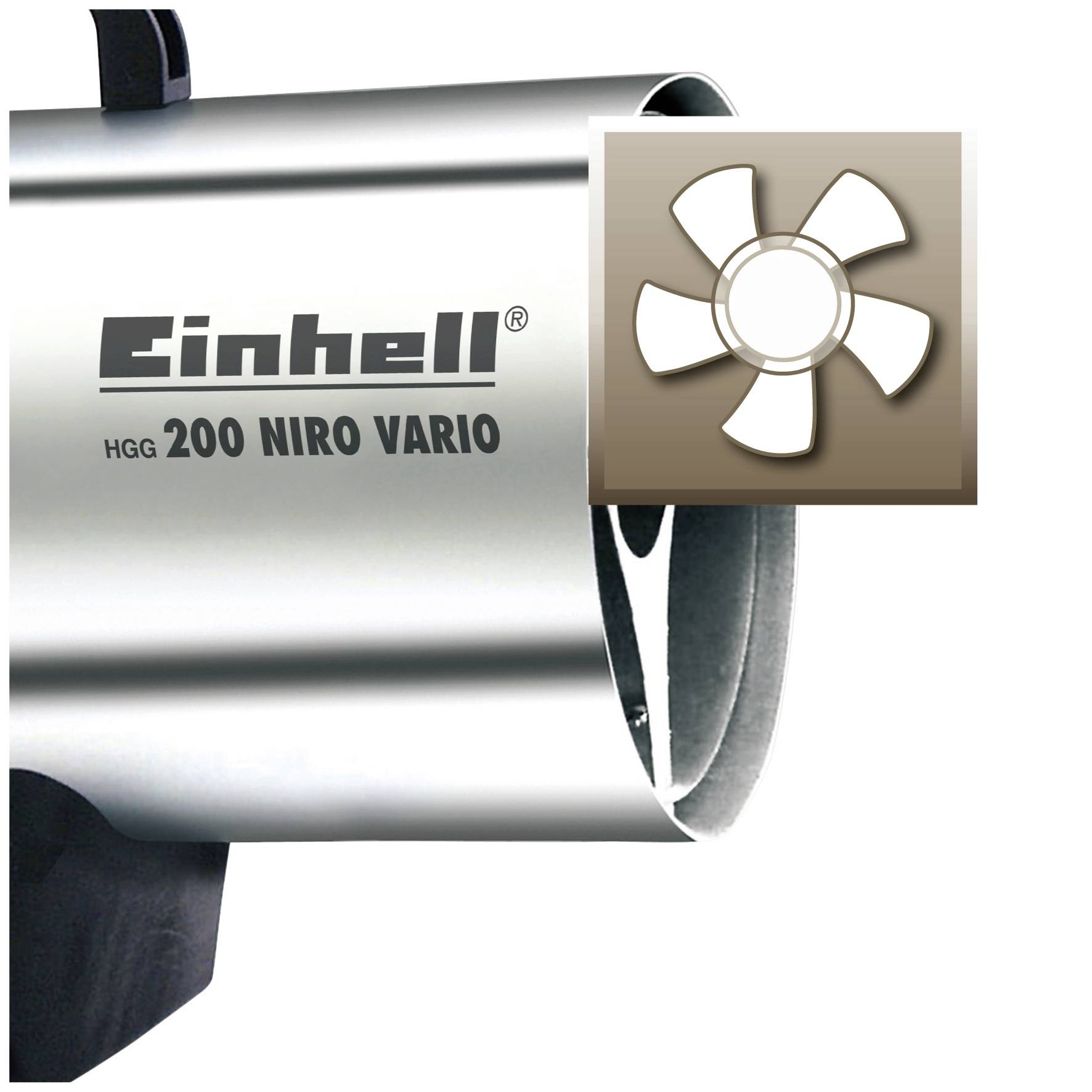 Silberner Heizlüfter mit der Aufschrift 'Einhell HGG 200 NIRO VARIO'. Rechts ein Symbol mit einem Lüfter-Icon.