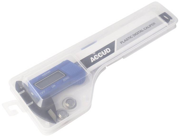 Ein blauer digitaler Messschieber aus Kunststoff mit 'ACEHUD' Aufschrift im transparenten Etui, inklusive zwei Batterien.