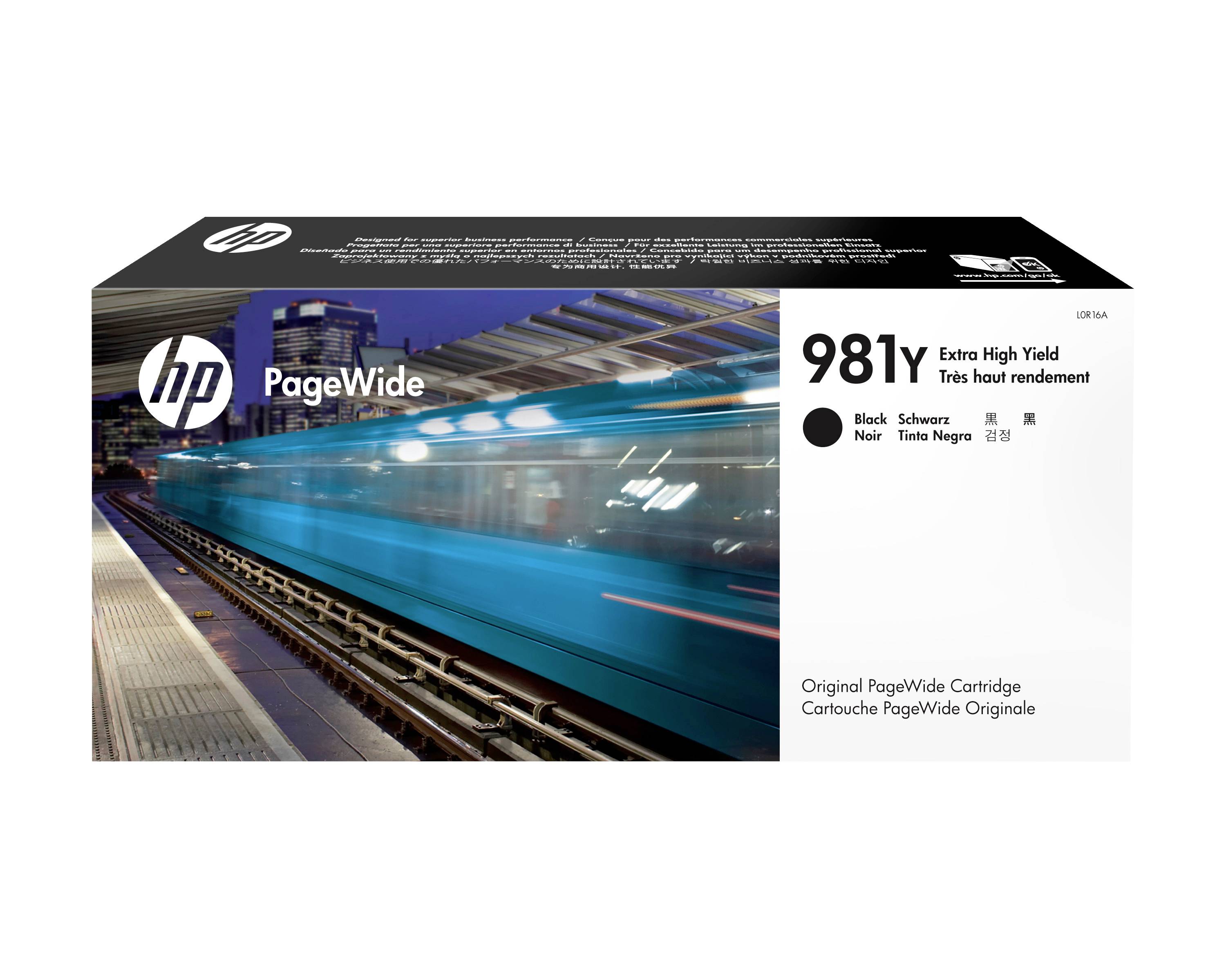 HP PageWide 981Y Schwarze Tintenpatrone mit extra hoher Reichweite, Verpackung mit Zugbild und Produktetikett.