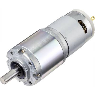 Ein silberner Gleichstrommotor mit zylindrischer Form und hervorstehender Welle, verwendet in mechanischen Anwendungen für Antrieb.