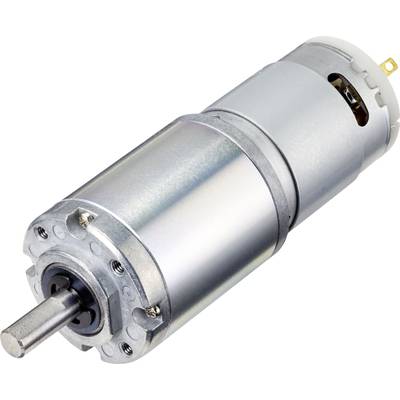 Ein zylinderförmiger Elektromotor mit Getriebeaufsatz. Der Motor hat ein silbernes Gehäuse und einen sichtbaren, rotierenden Schaft.