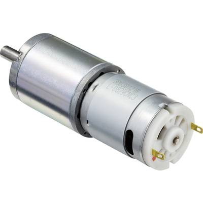 Gleichstromgetriebemotor aus Metall mit zylindrischem Gehäuse und Kunststoffanschlüssen, typisch verwendet in mechanischen Anwendungen.