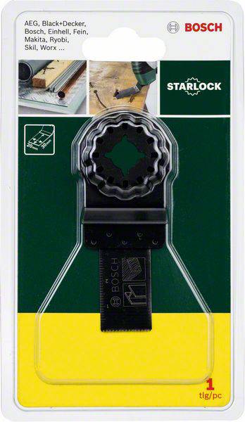 Bosch Starlock Sägeblatt in Verpackung. Geeignet für Marken wie AEG, Makita und mehr. Oben kleine Anwendungsbilder.