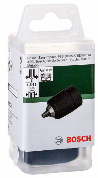 Eine Bosch-Verpackung für ein Bohrfutter (1,5-13 mm) mit Kompatibilitätsliste für verschiedene Bohrmaschinenmarken und Modelle.