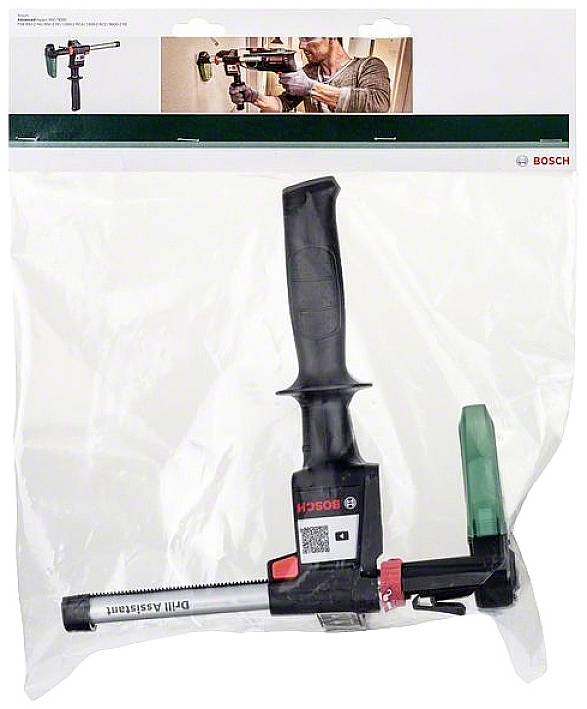 Eine Bosch Bohrhilfe im Verkaufspaket, mit QR-Code und Logo. Das Gerät hat einen ergonomischen Griff und eine grüne Klemme.