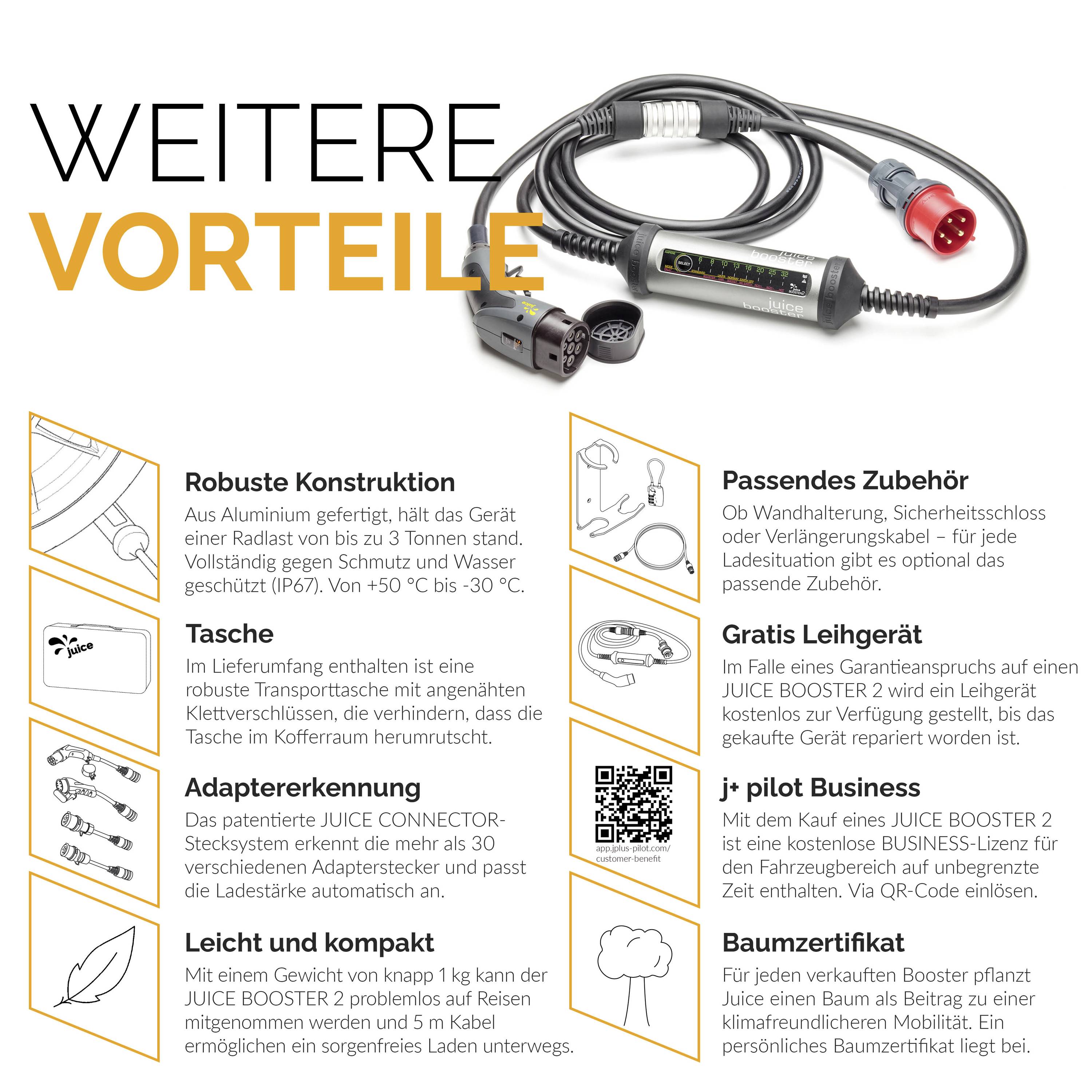 'WEITERE VORTEILE' steht oben. Bilder zeigen: robuste Konstruktion, passende Tasche, Adaptererkennung und Zubehör. QR-Codes für Details.