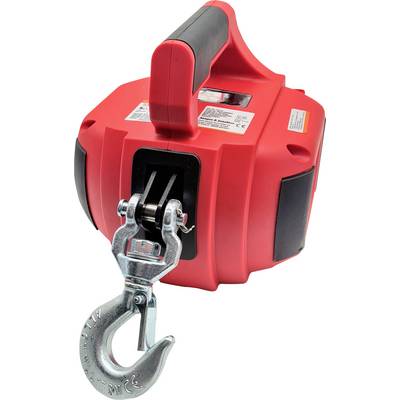 Roter elektrischer Seilzug mit schwarzem Griff und silbernem Metallhaken vorne. Gerät wird zum Heben schwerer Lasten verwendet.