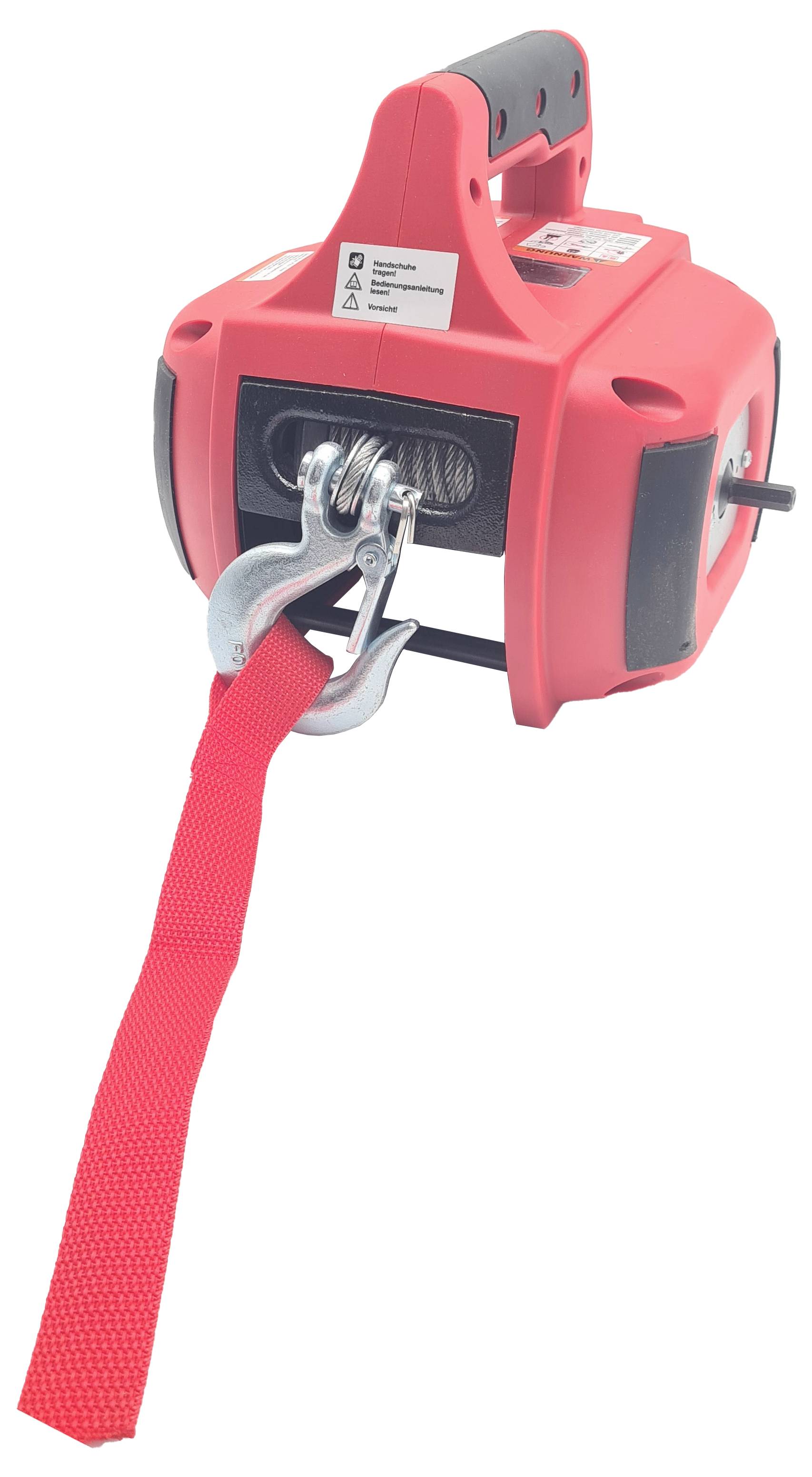 Rote Seilwinde mit Haken vorne und rotem Gurtband, handlich und für Hebezwecke geeignet.