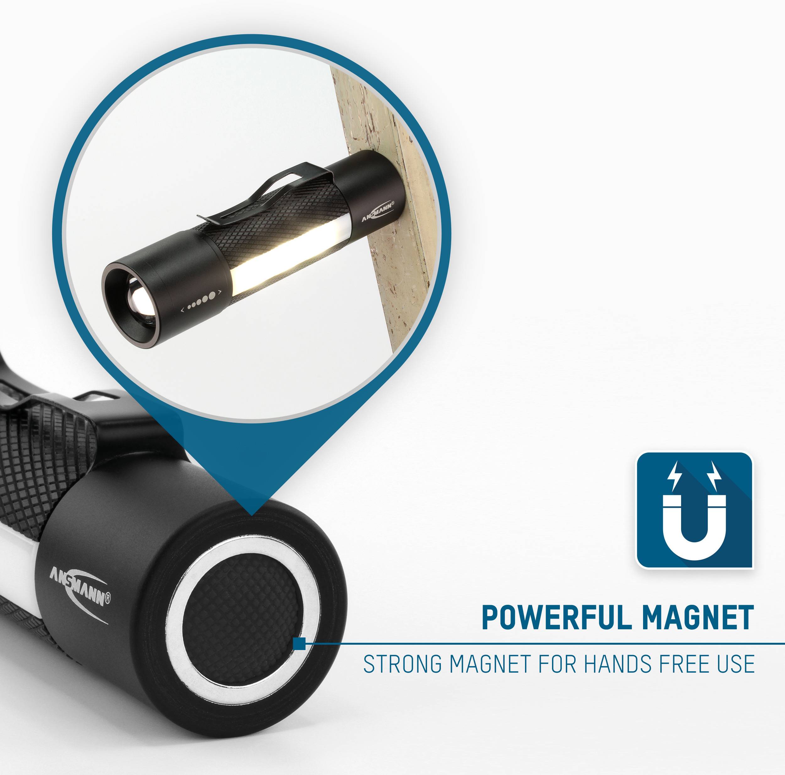 Eine Taschenlampe mit einem Magnet am Griff, der an einem Holzbalken haftet. Beschriftung 'POWERFUL MAGNET FOR HANDS FREE USE'.