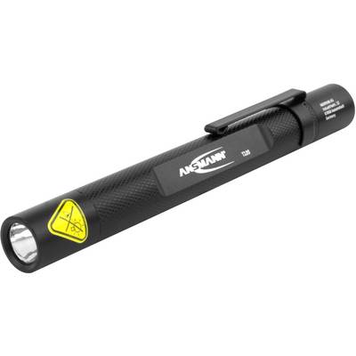 Eine schwarze Taschenlampe mit Clip und gelbem Sicherheitsaufkleber ist abgebildet. Das Modell trägt die Aufschrift 'Ansmann T120'.