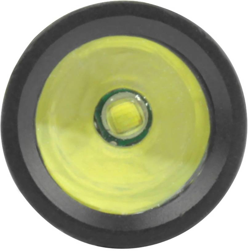 Eine Nahaufnahme einer LED im Betrieb, die ein helles gelbes Licht ausstrahlt. Die LED ist von einem schwarzen Gehäuse umgeben.