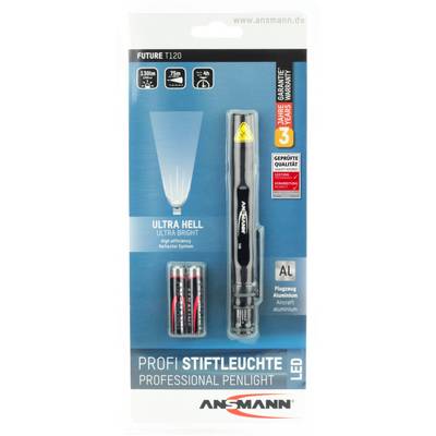 'Ansmann LED-Stiftleuchte Future T120' Verpackung mit Leuchte, 3 AAA-Batterien, 130 Lumen, 75 m Reichweite, 4 Std. Laufzeit.