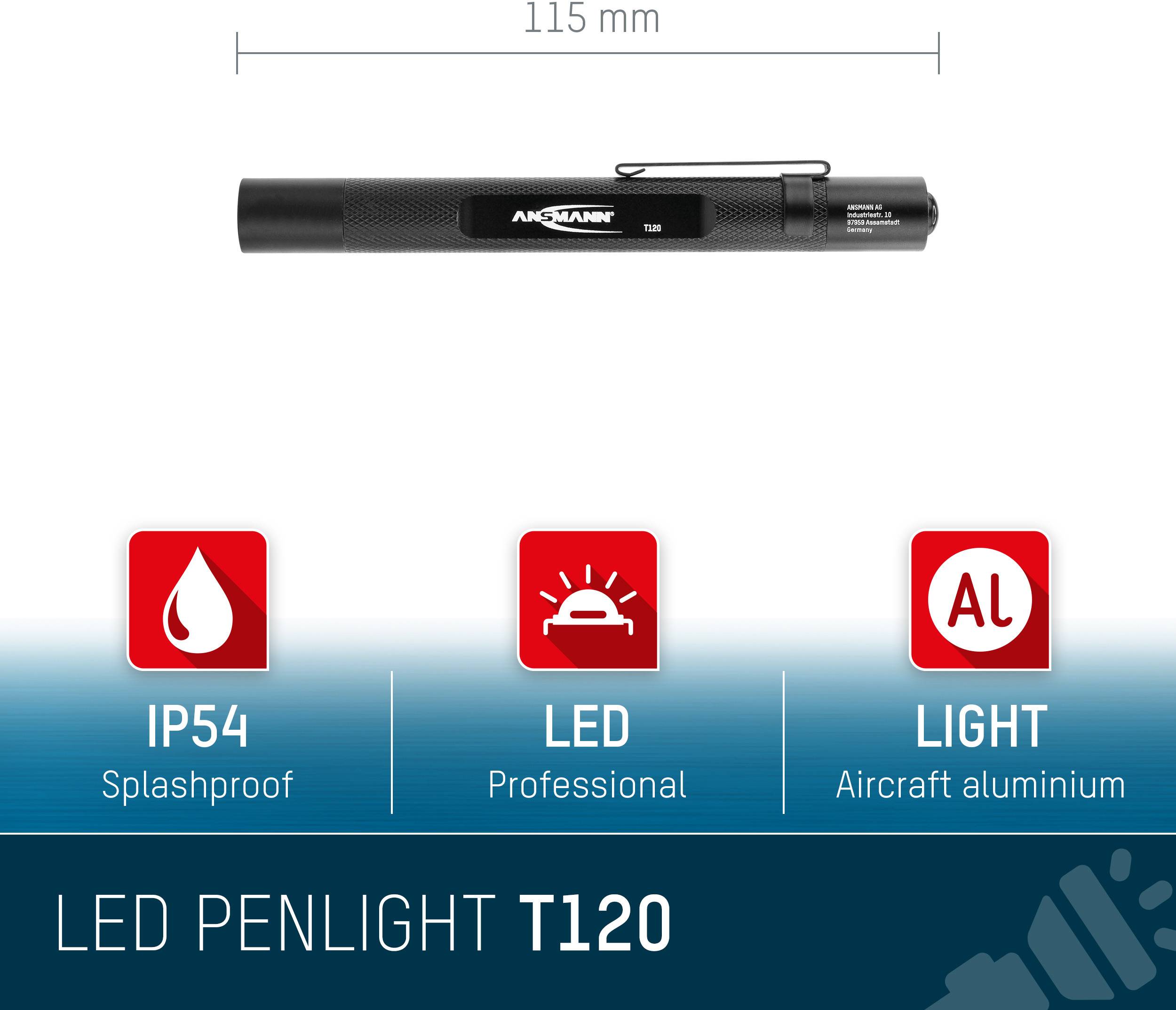 LED-Stiftlampe T120. Länge 115 mm. IP54 spritzwassergeschützt, professionelle LED-Beleuchtung, Gehäuse aus Flugzeugaluminium.