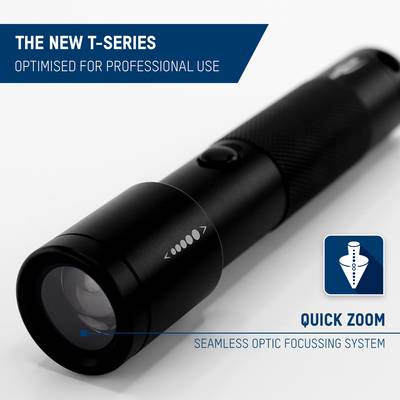'Neue T-Serie' Taschenlampe mit schnellem Zoom und nahtlosem Fokussiersystem, optimiert für professionelle Nutzung.