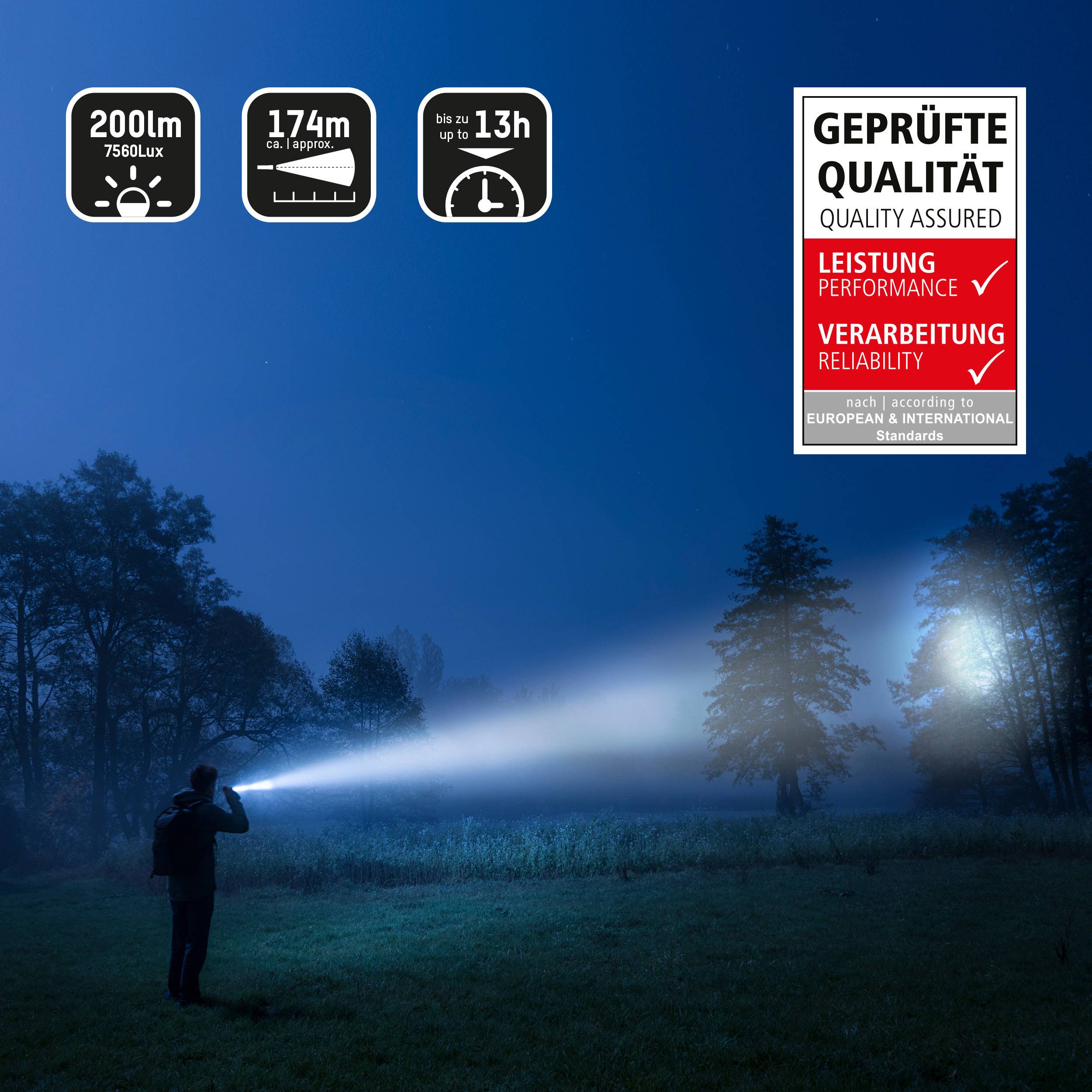 Person mit Taschenlampe im Wald. Taschenlampe leuchtet hell und weit. Label zeigt: 'Geprüfte Qualität, Leistung, Verarbeitung'.