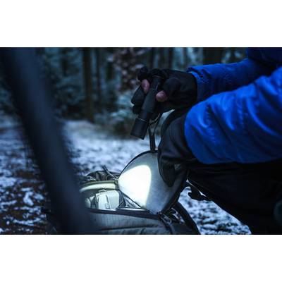 Eine Person im Wintermantel hält eine Taschenlampe und durchsucht einen Rucksack im winterlichen Wald. Schnee bedeckt den Boden.
