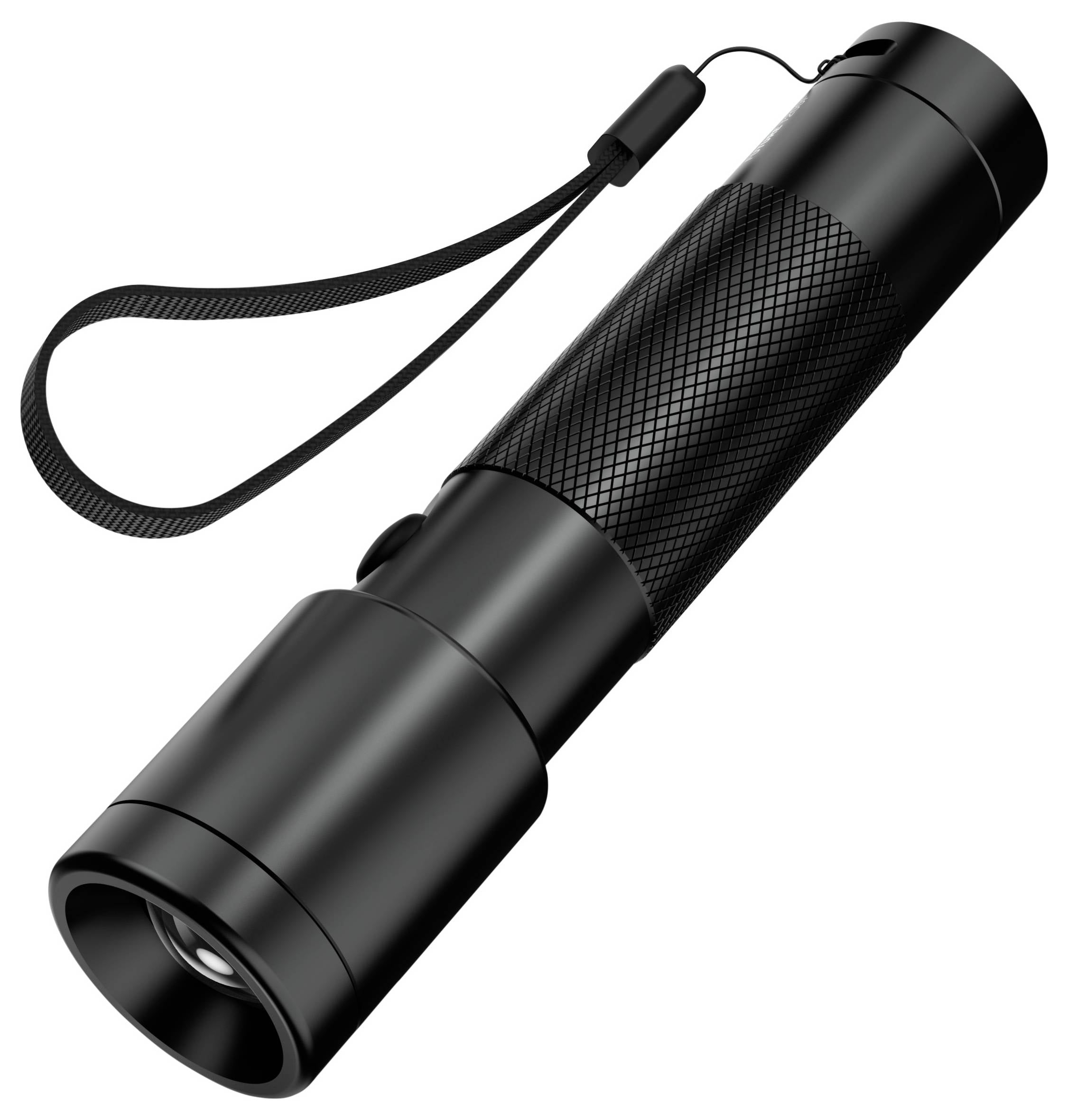 Schwarze Taschenlampe mit strukturiertem Griff und Handschlaufe, seitlich betrachtet.