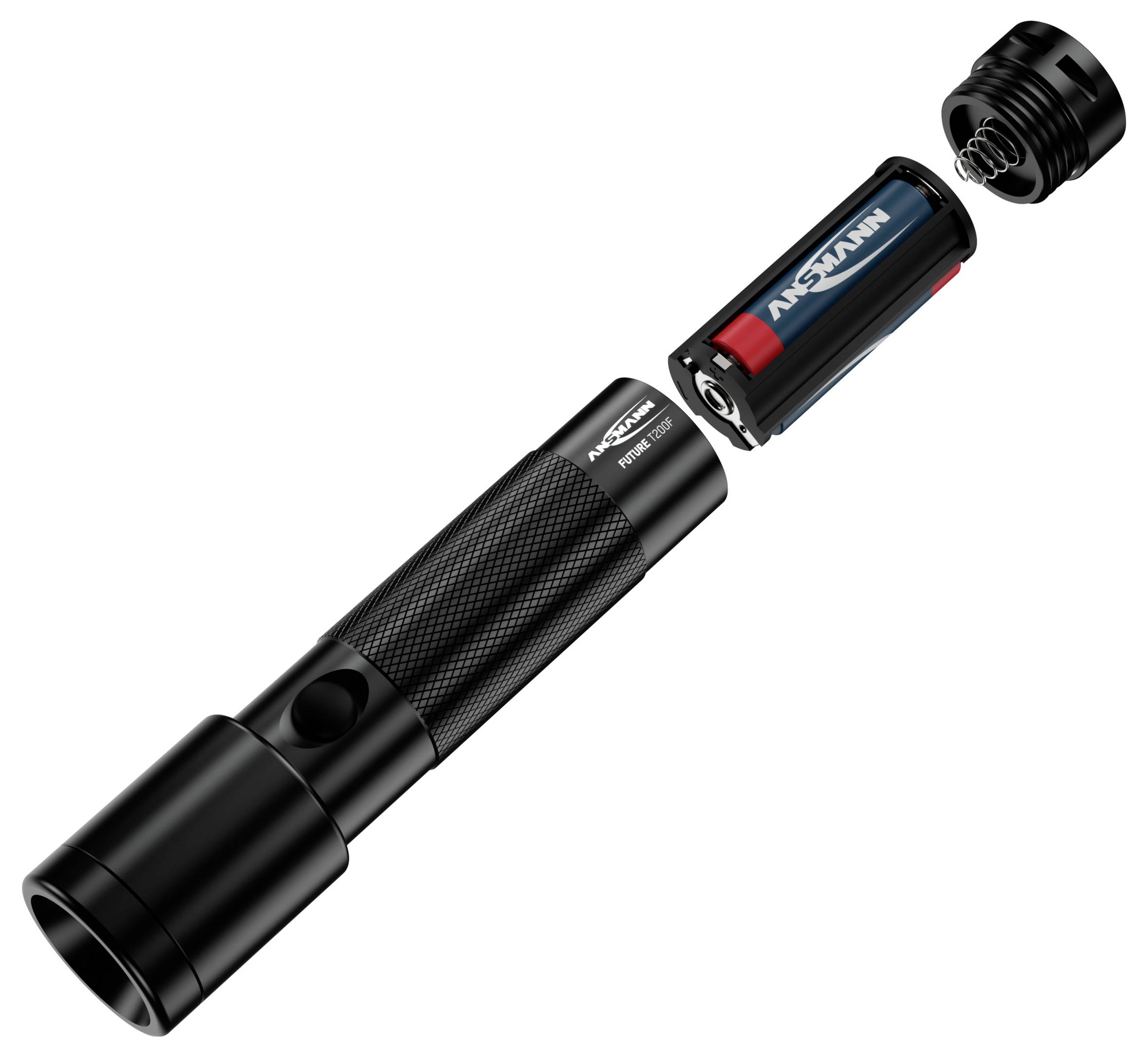 'Taschenlampe mit geöffnetem Batteriefach, zeigt Batterie und Federmechanismus, isoliert auf weißem Hintergrund.'