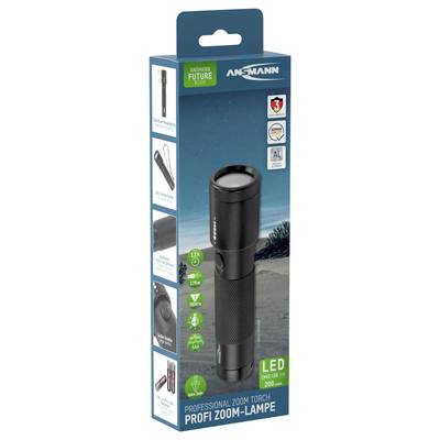 Verpackung einer LED-Taschenlampe, zeigt die Lampe mit Details zur Helligkeit, Reichweite von 240 m und Ansmann-Logo.