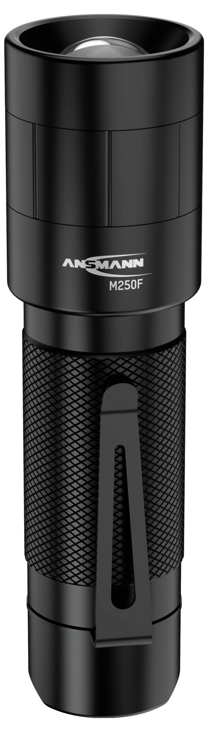 Schwarze LED-Taschenlampe mit Clip, Modell 'Ansmann M250F'.