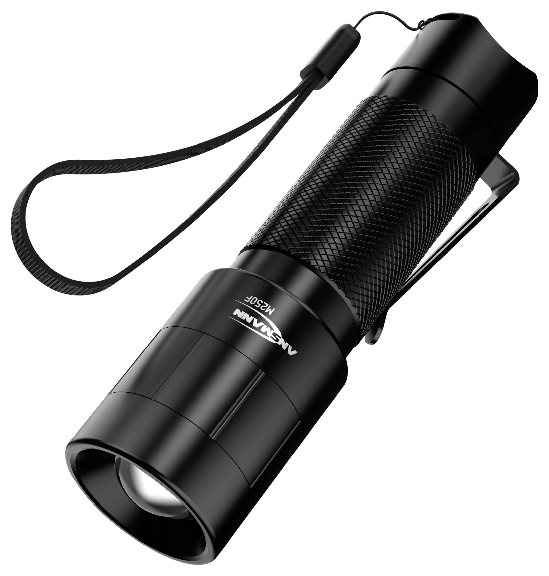 'Schwarze, kompakte Taschenlampe mit Handschlaufe und Gürtelclip, perfekt für Outdoor-Aktivitäten oder Notbeleuchtung geeignet.'